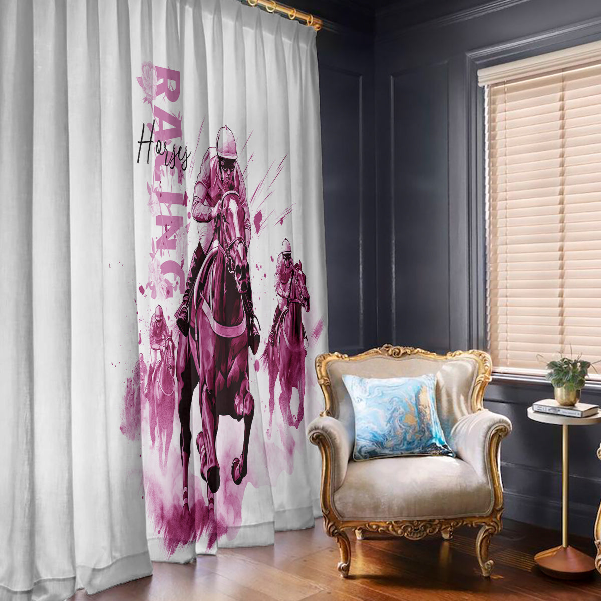 Kentucky Horses Racing Window Curtain Jockey Drawing Style Pink Out Color - Wonder Print Shop