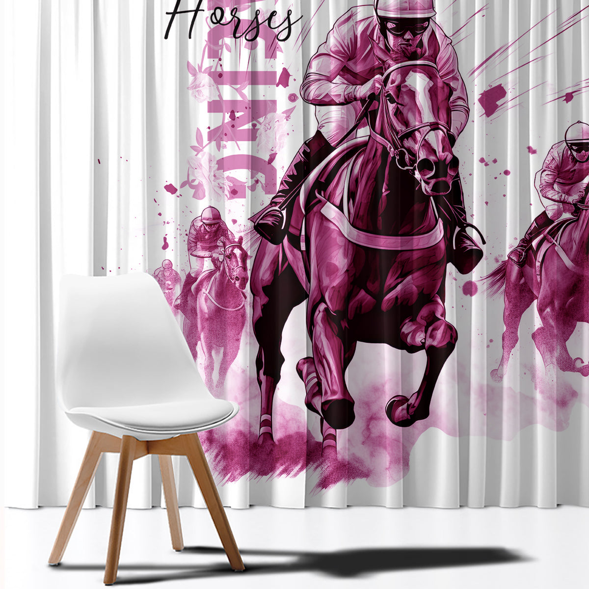Kentucky Horses Racing Window Curtain Jockey Drawing Style Pink Out Color - Wonder Print Shop
