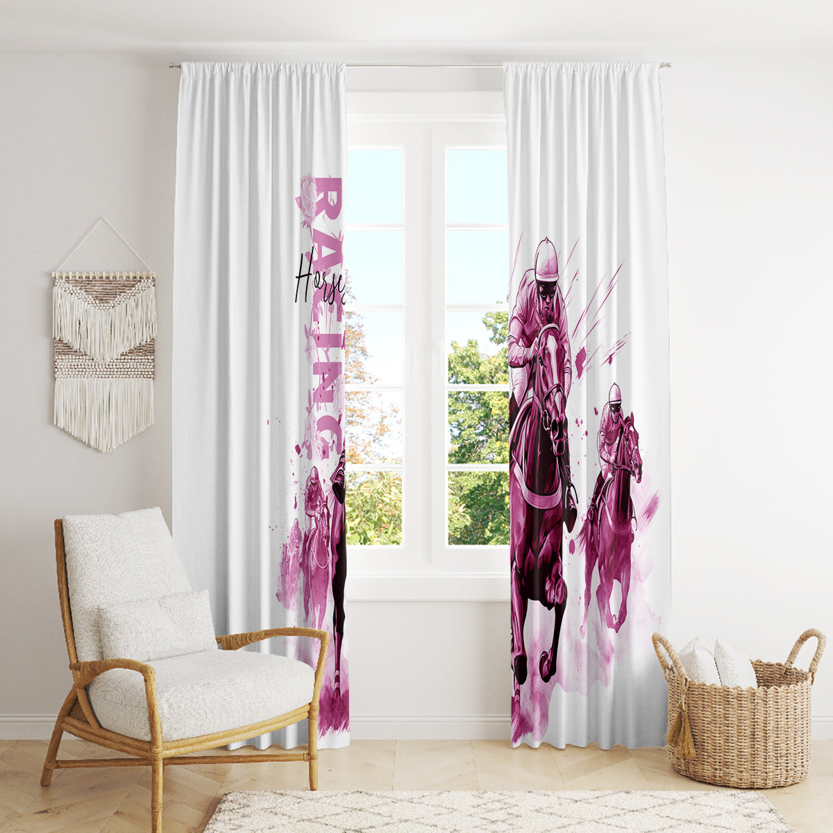 Kentucky Horses Racing Window Curtain Jockey Drawing Style Pink Out Color - Wonder Print Shop