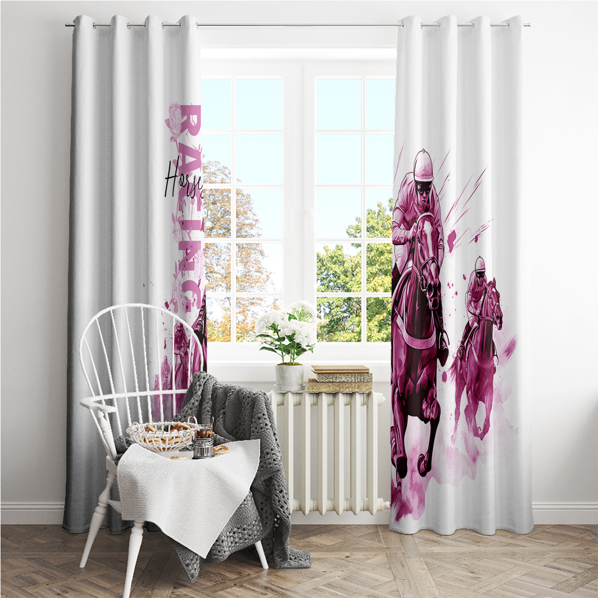 Kentucky Horses Racing Window Curtain Jockey Drawing Style Pink Out Color - Wonder Print Shop
