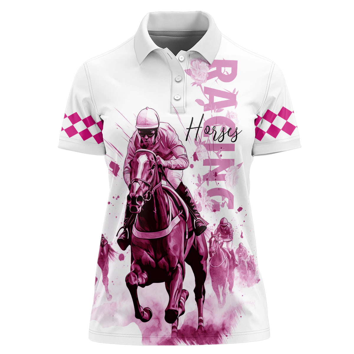 Kentucky Horses Racing Women Polo Shirt Jockey Drawing Style Pink Out Color - Wonder Print Shop