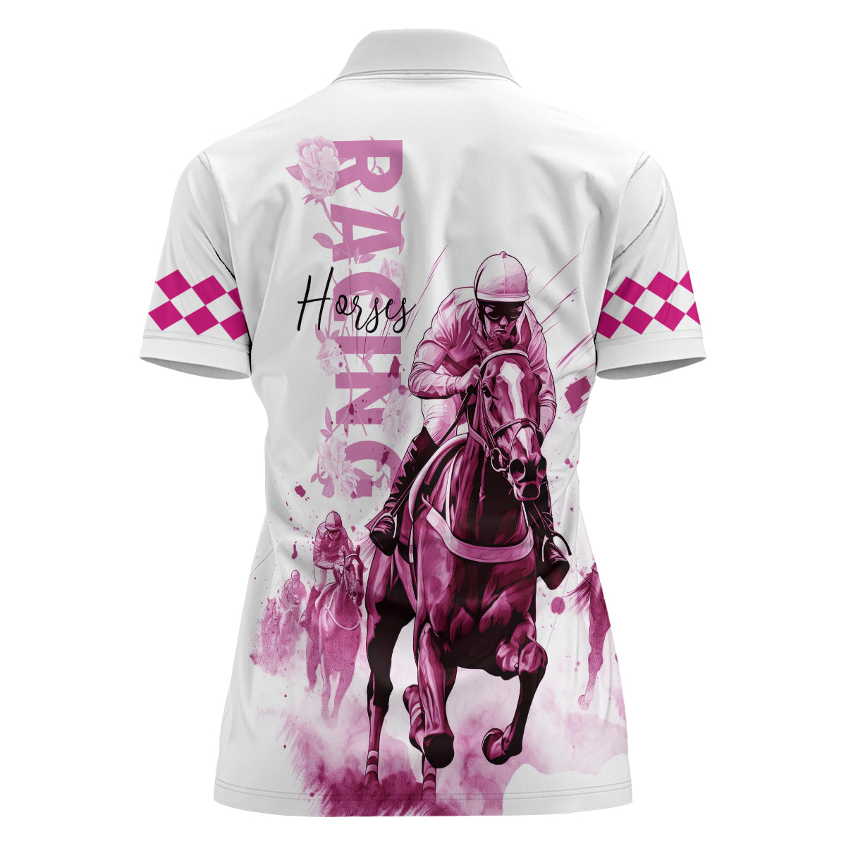 Kentucky Horses Racing Women Polo Shirt Jockey Drawing Style Pink Out Color - Wonder Print Shop