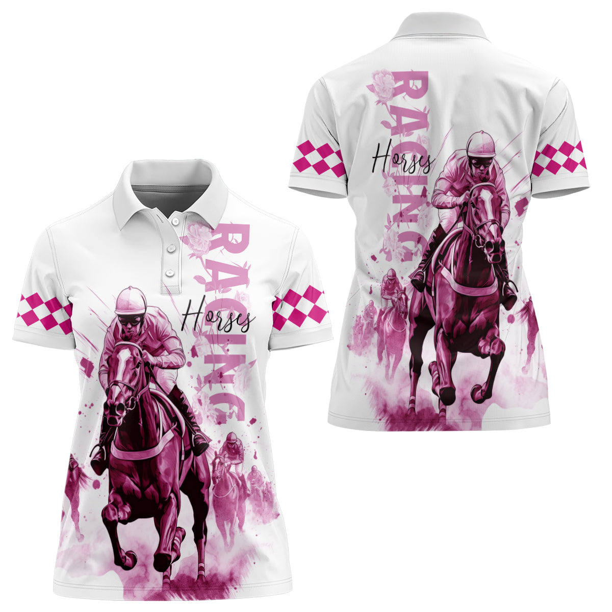 Kentucky Horses Racing Women Polo Shirt Jockey Drawing Style Pink Out Color - Wonder Print Shop