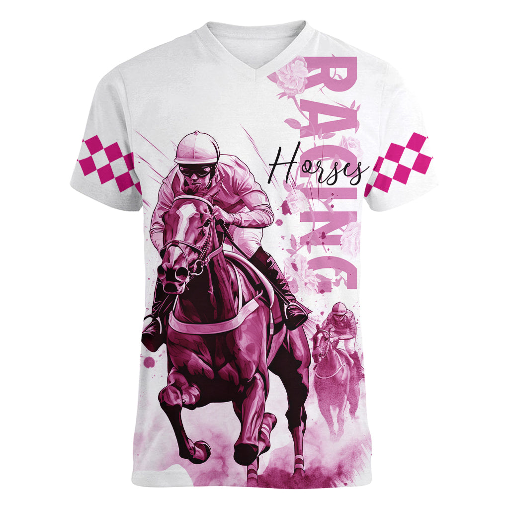 Kentucky Horses Racing Women V-Neck T-Shirt Jockey Drawing Style Pink Out Color - Wonder Print Shop