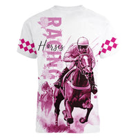 Kentucky Horses Racing Women V-Neck T-Shirt Jockey Drawing Style Pink Out Color - Wonder Print Shop