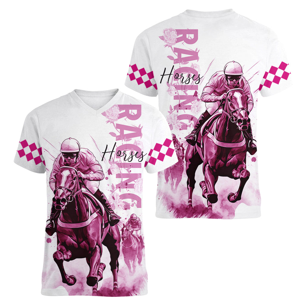 Kentucky Horses Racing Women V-Neck T-Shirt Jockey Drawing Style Pink Out Color - Wonder Print Shop