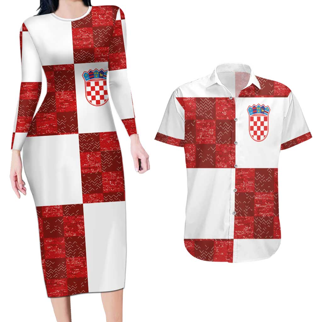 Custom Croatia Football Couples Matching Long Sleeve Bodycon Dress and Hawaiian Shirt Checkered Ones Sport Grunge Style