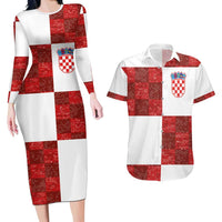 Custom Croatia Football Couples Matching Long Sleeve Bodycon Dress and Hawaiian Shirt Checkered Ones Sport Grunge Style