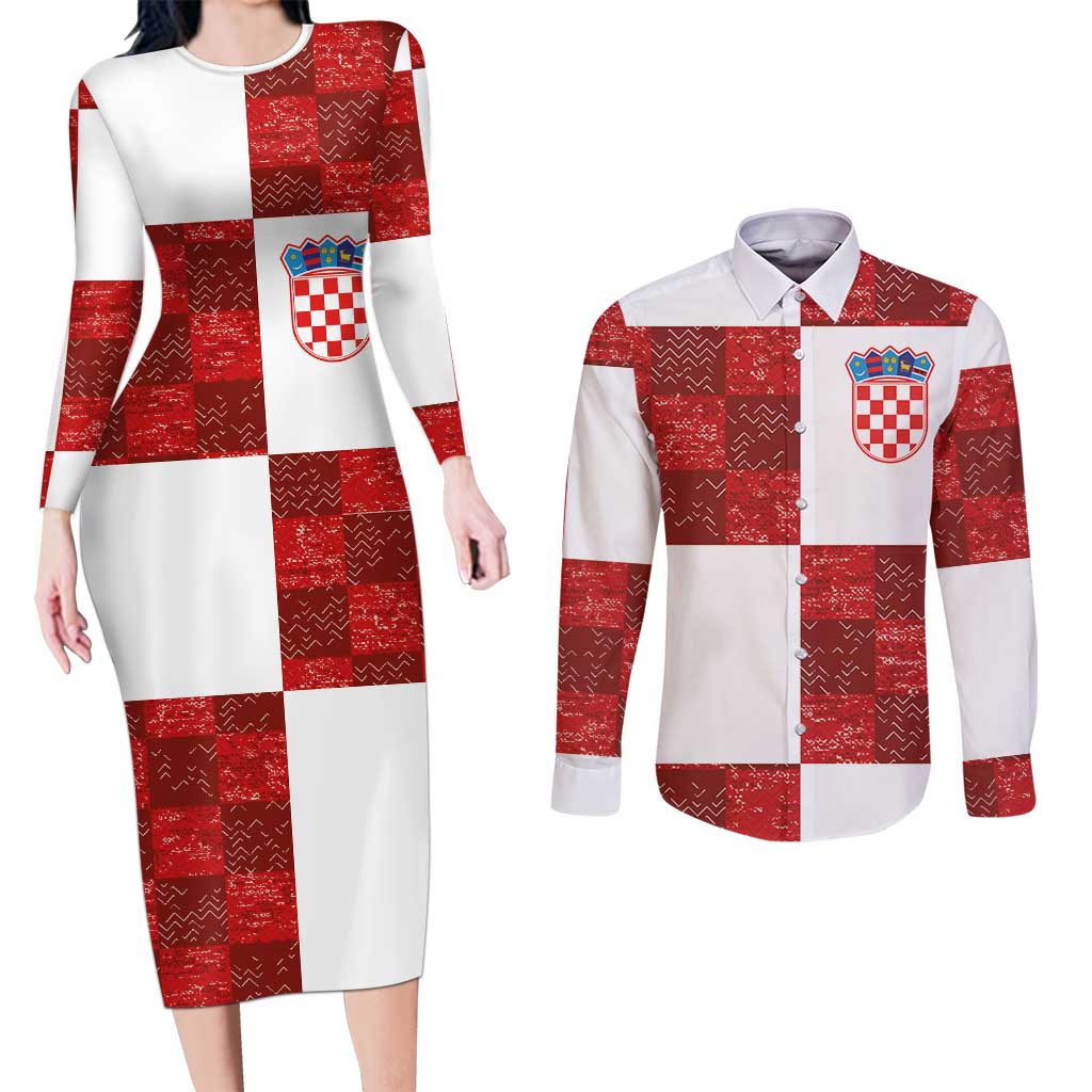 Custom Croatia Football Couples Matching Long Sleeve Bodycon Dress and Long Sleeve Button Shirt Checkered Ones Sport Grunge Style