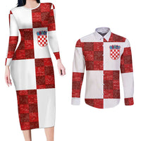 Custom Croatia Football Couples Matching Long Sleeve Bodycon Dress and Long Sleeve Button Shirt Checkered Ones Sport Grunge Style