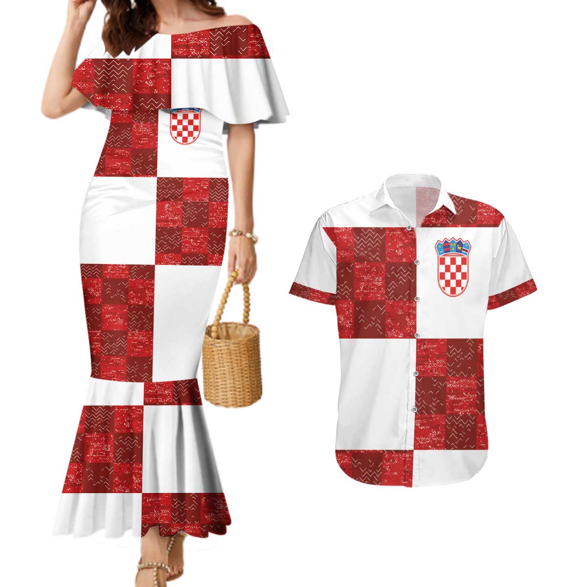Custom Croatia Football Couples Matching Mermaid Dress and Hawaiian Shirt Checkered Ones Sport Grunge Style