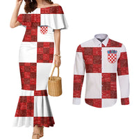 Custom Croatia Football Couples Matching Mermaid Dress and Long Sleeve Button Shirt Checkered Ones Sport Grunge Style