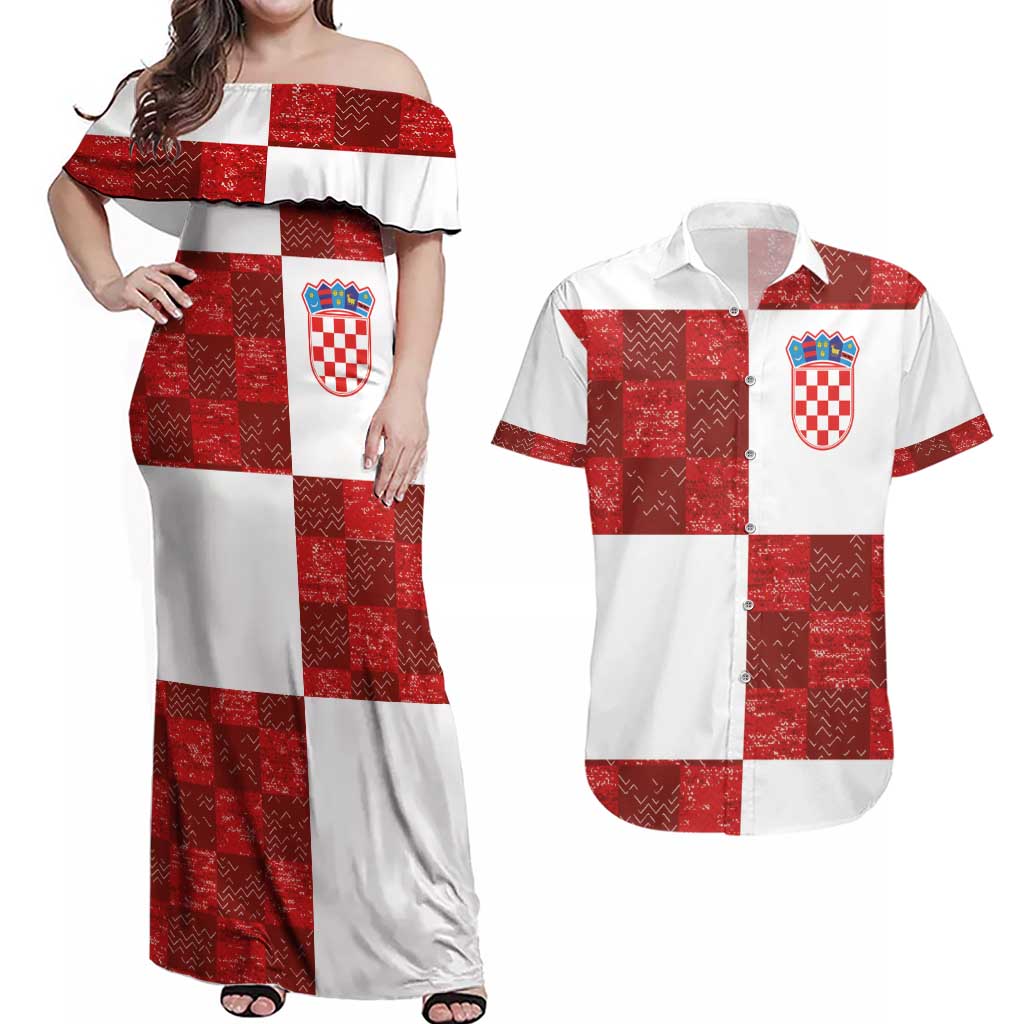 Custom Croatia Football Couples Matching Off Shoulder Maxi Dress and Hawaiian Shirt Checkered Ones Sport Grunge Style