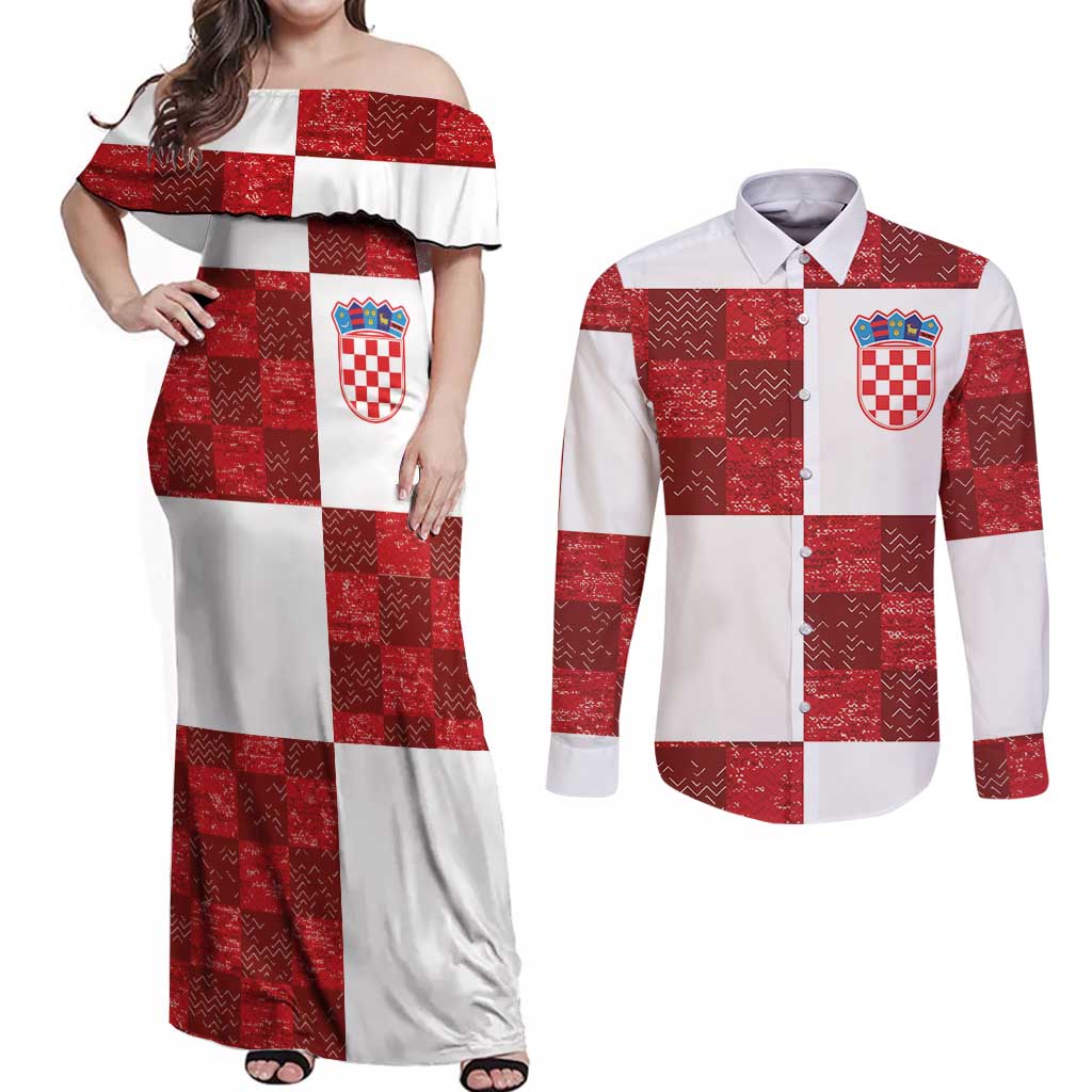 Custom Croatia Football Couples Matching Off Shoulder Maxi Dress and Long Sleeve Button Shirt Checkered Ones Sport Grunge Style