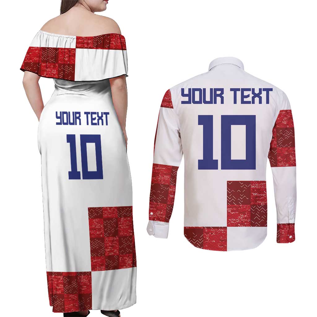 Custom Croatia Football Couples Matching Off Shoulder Maxi Dress and Long Sleeve Button Shirt Checkered Ones Sport Grunge Style