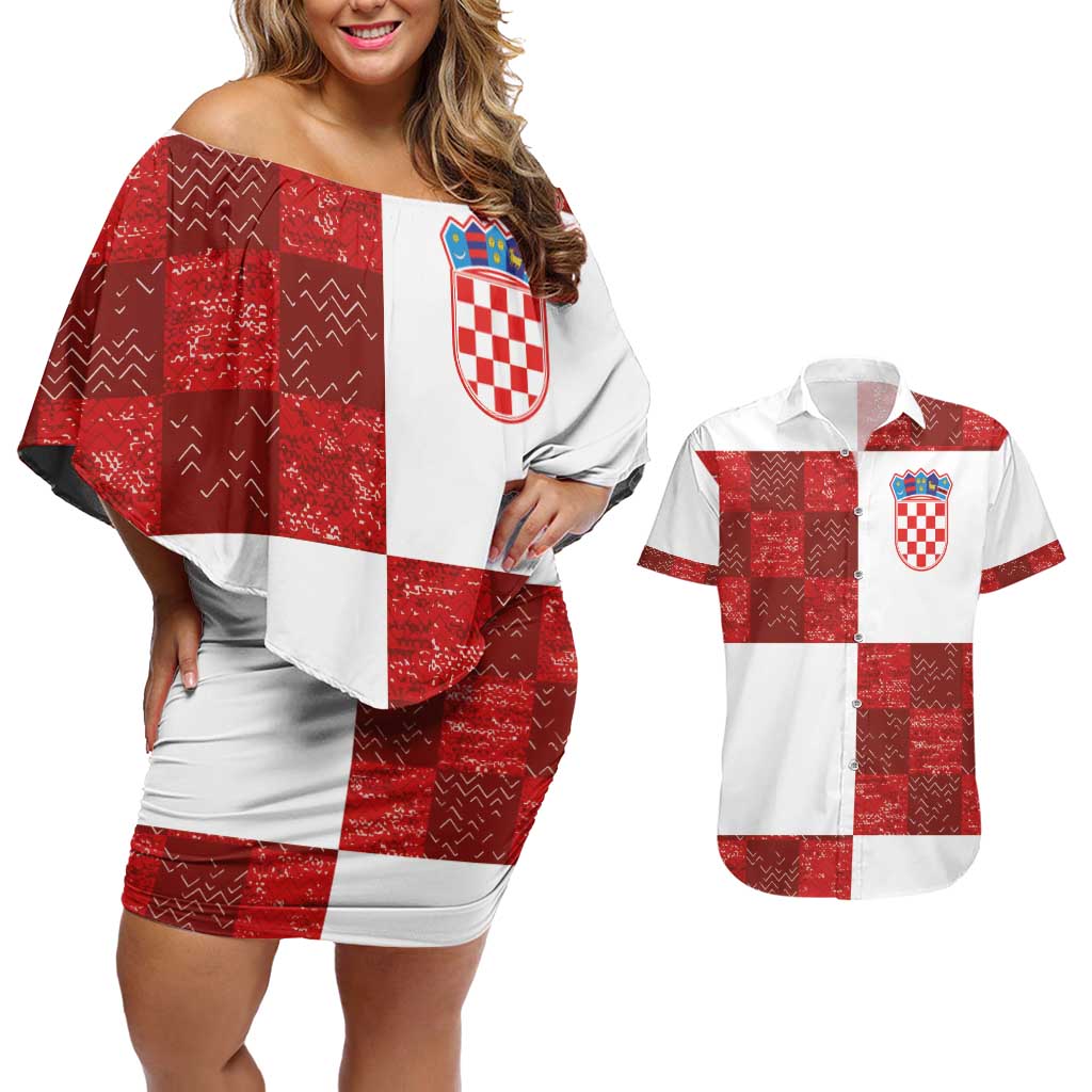 Custom Croatia Football Couples Matching Off Shoulder Short Dress and Hawaiian Shirt Checkered Ones Sport Grunge Style