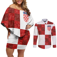 Custom Croatia Football Couples Matching Off Shoulder Short Dress and Long Sleeve Button Shirt Checkered Ones Sport Grunge Style