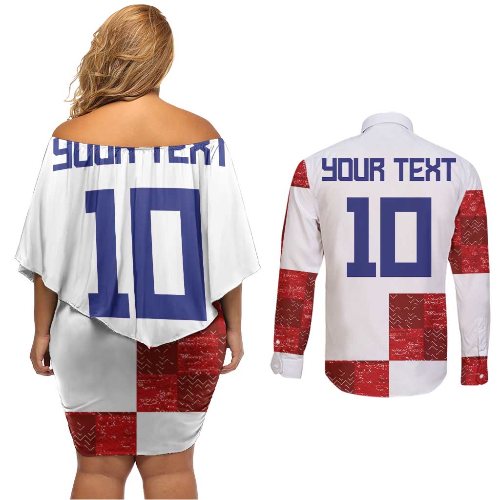 Custom Croatia Football Couples Matching Off Shoulder Short Dress and Long Sleeve Button Shirt Checkered Ones Sport Grunge Style