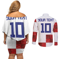 Custom Croatia Football Couples Matching Off Shoulder Short Dress and Long Sleeve Button Shirt Checkered Ones Sport Grunge Style