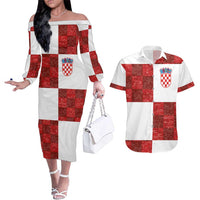 Custom Croatia Football Couples Matching Off The Shoulder Long Sleeve Dress and Hawaiian Shirt Checkered Ones Sport Grunge Style