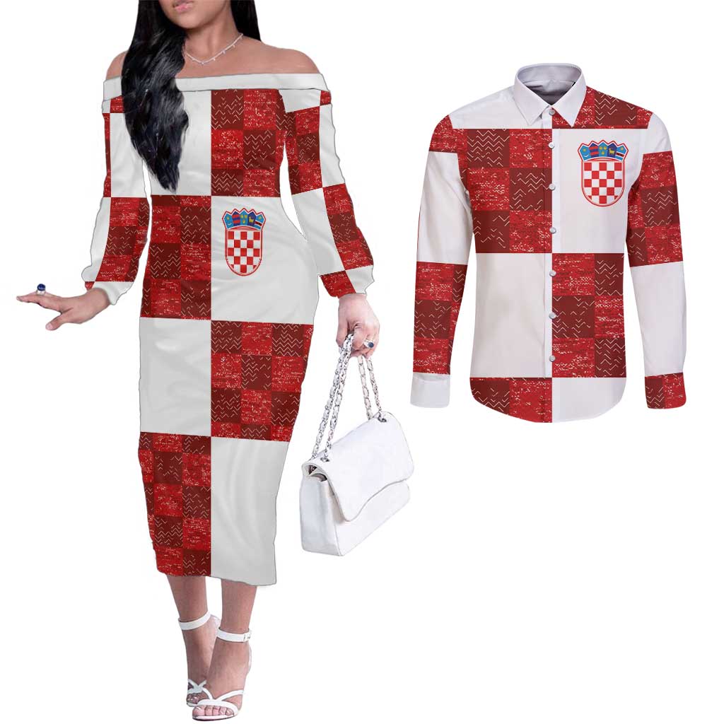 Custom Croatia Football Couples Matching Off The Shoulder Long Sleeve Dress and Long Sleeve Button Shirt Checkered Ones Sport Grunge Style