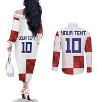 Custom Croatia Football Couples Matching Off The Shoulder Long Sleeve Dress and Long Sleeve Button Shirt Checkered Ones Sport Grunge Style