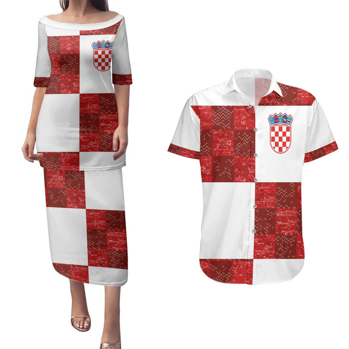 Custom Croatia Football Couples Matching Puletasi and Hawaiian Shirt Checkered Ones Sport Grunge Style