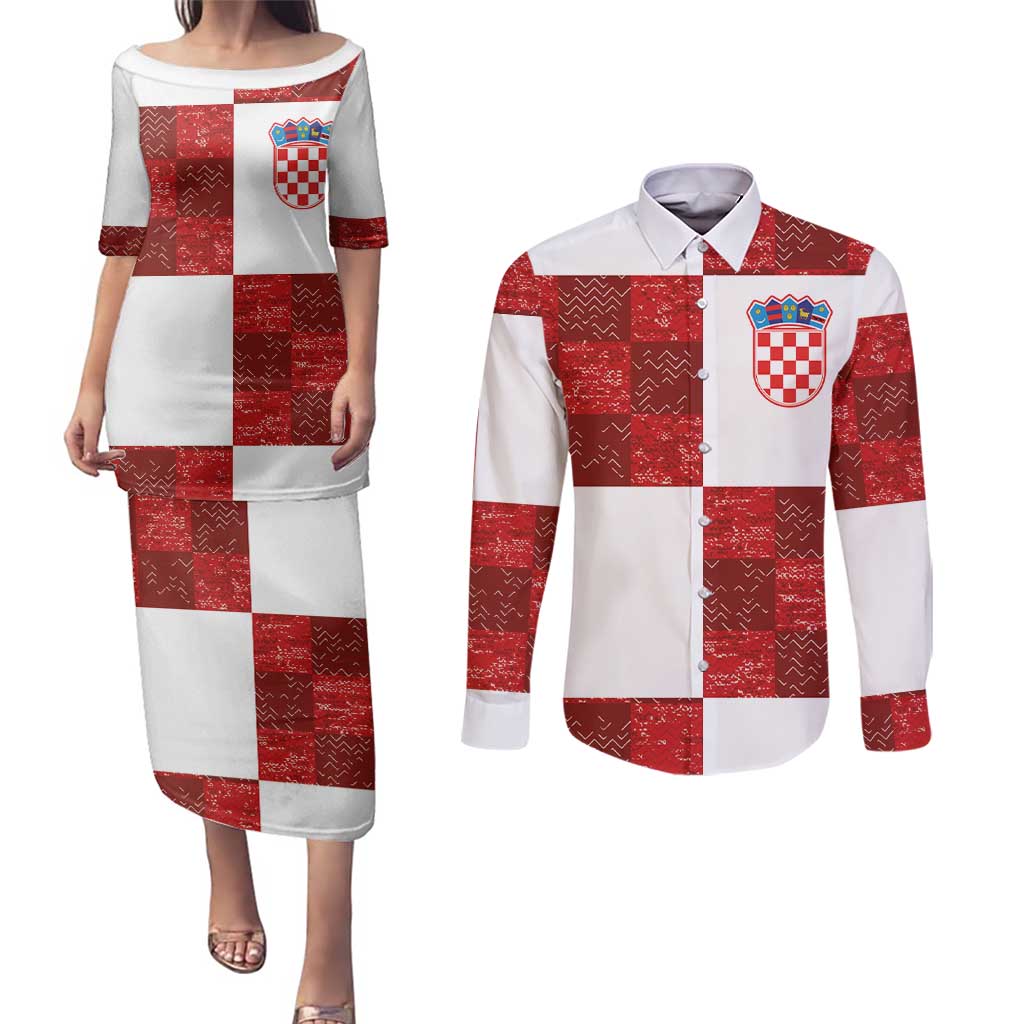 Custom Croatia Football Couples Matching Puletasi and Long Sleeve Button Shirt Checkered Ones Sport Grunge Style