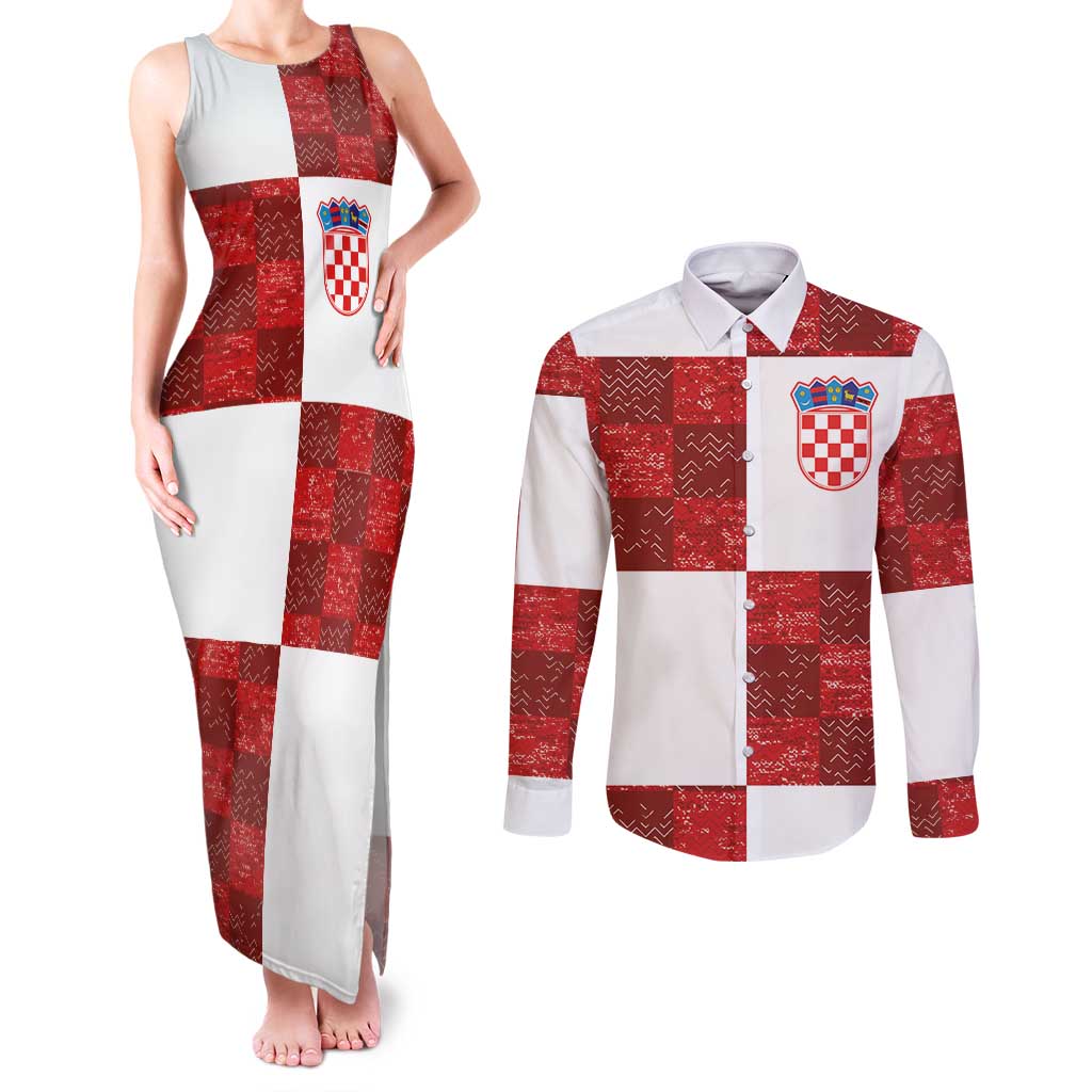 Custom Croatia Football Couples Matching Tank Maxi Dress and Long Sleeve Button Shirt Checkered Ones Sport Grunge Style