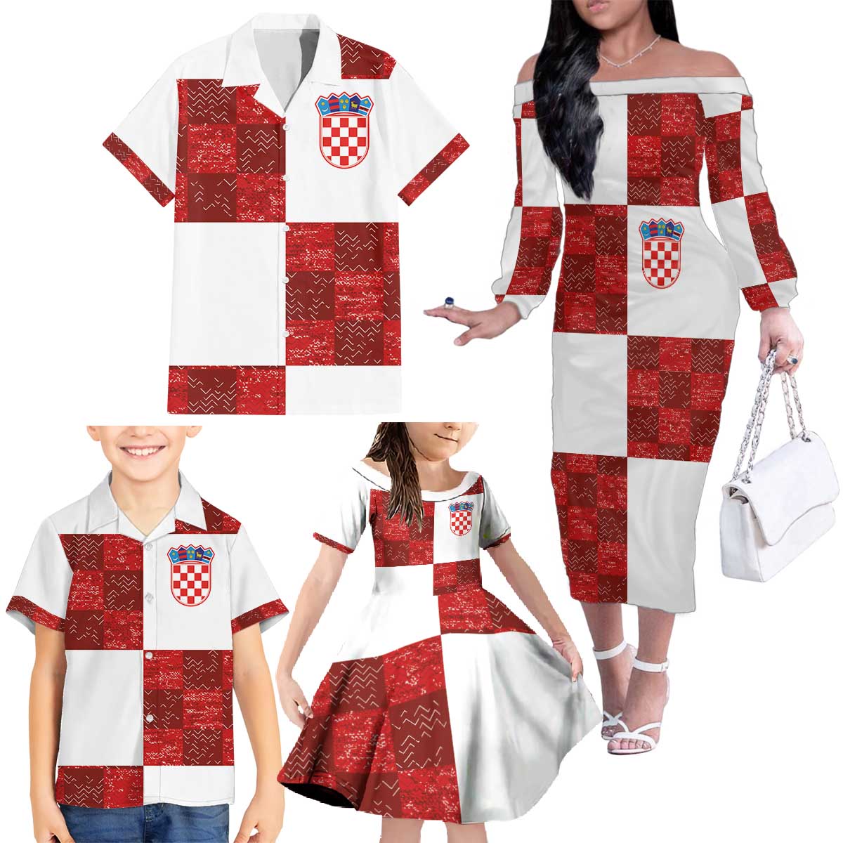 Custom Croatia Football Family Matching Off The Shoulder Long Sleeve Dress and Hawaiian Shirt Checkered Ones Sport Grunge Style