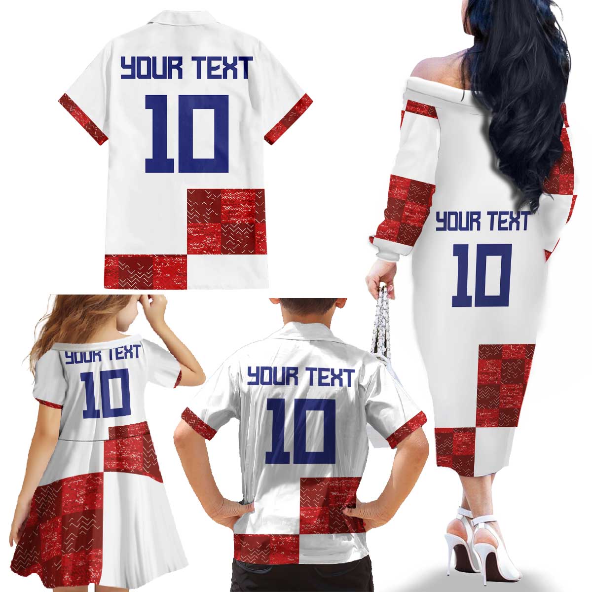 Custom Croatia Football Family Matching Off The Shoulder Long Sleeve Dress and Hawaiian Shirt Checkered Ones Sport Grunge Style