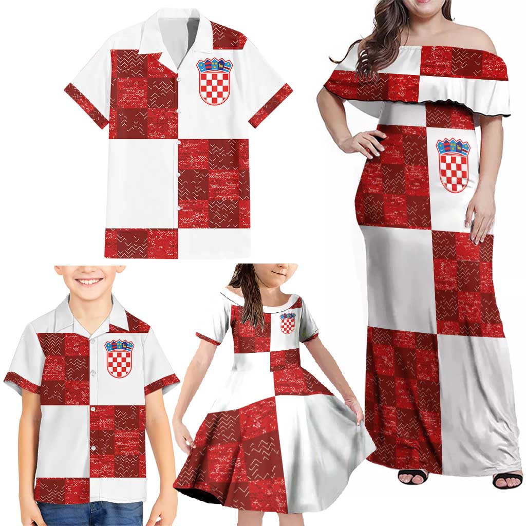 Custom Croatia Football Family Matching Off Shoulder Maxi Dress and Hawaiian Shirt Checkered Ones Sport Grunge Style