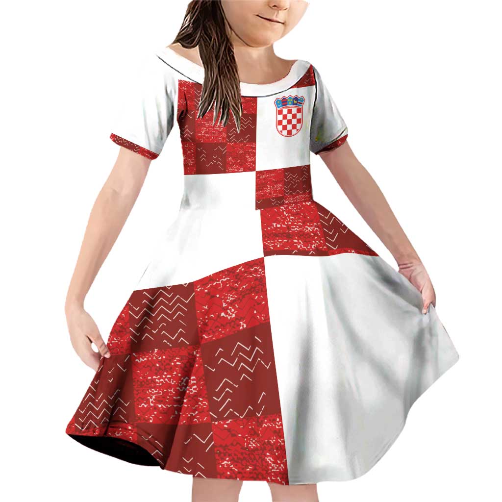 Custom Croatia Football Family Matching Off Shoulder Short Dress and Hawaiian Shirt Checkered Ones Sport Grunge Style