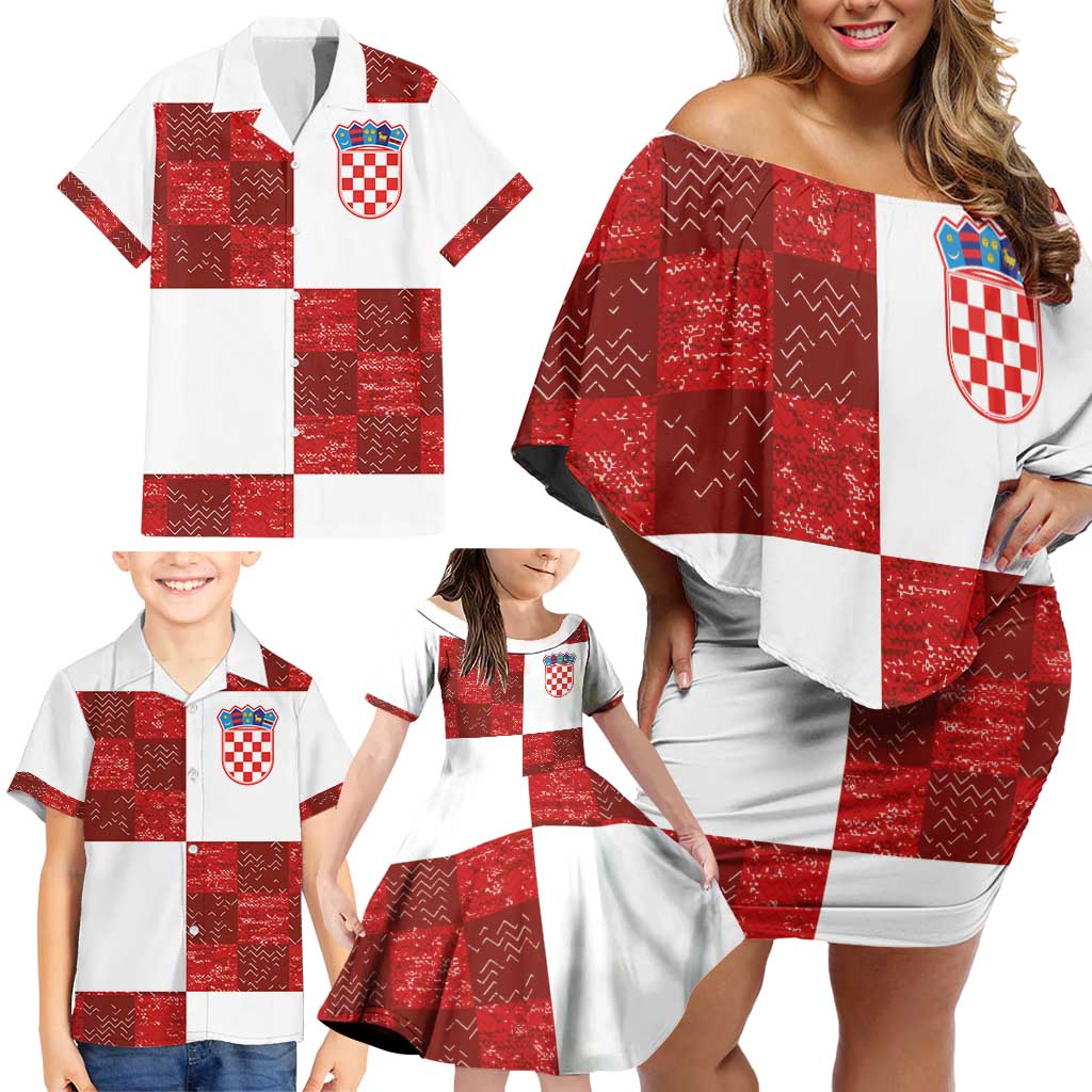 Custom Croatia Football Family Matching Off Shoulder Short Dress and Hawaiian Shirt Checkered Ones Sport Grunge Style