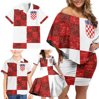 Custom Croatia Football Family Matching Off Shoulder Short Dress and Hawaiian Shirt Checkered Ones Sport Grunge Style