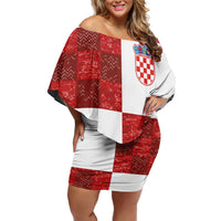Custom Croatia Football Family Matching Off Shoulder Short Dress and Hawaiian Shirt Checkered Ones Sport Grunge Style