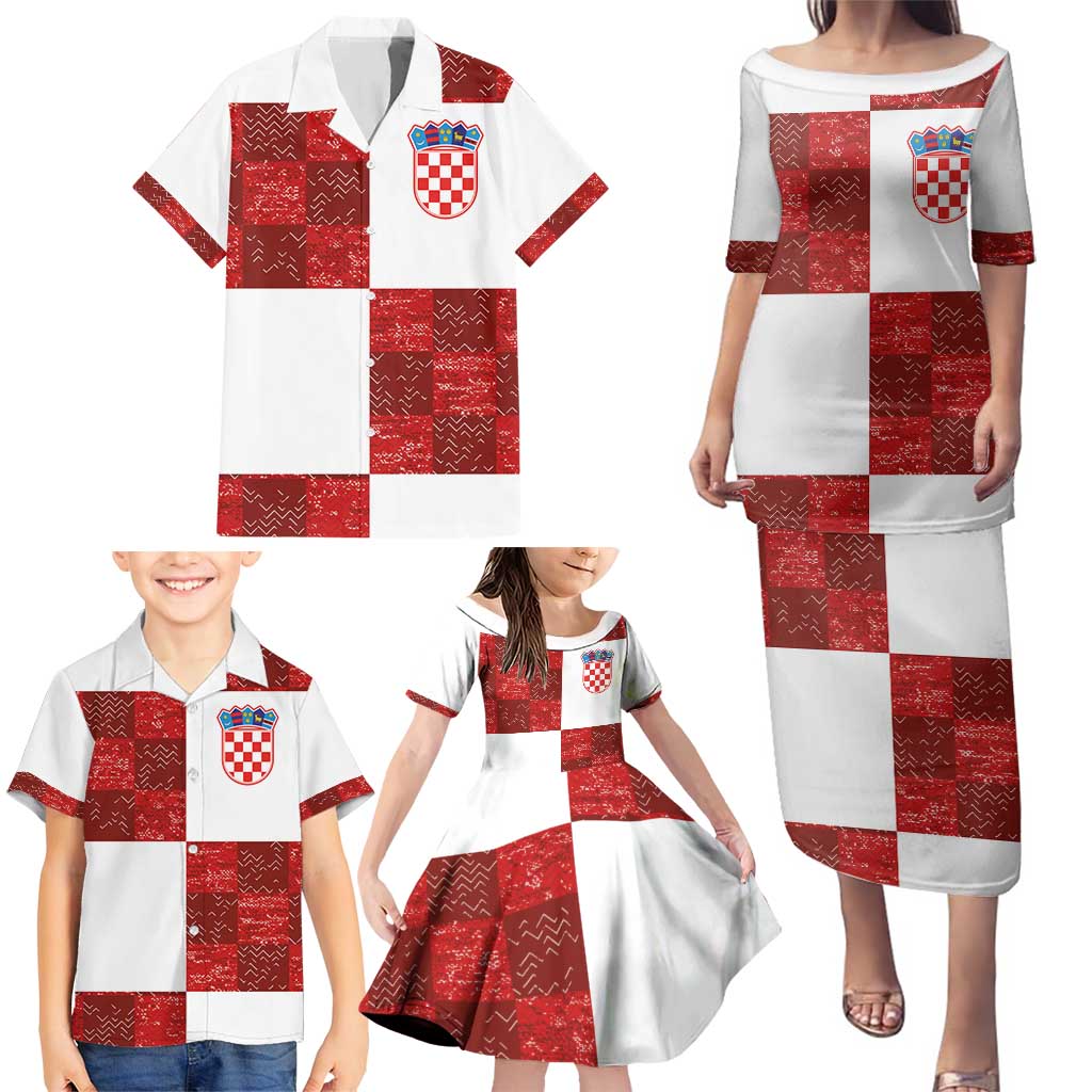 Custom Croatia Football Family Matching Puletasi and Hawaiian Shirt Checkered Ones Sport Grunge Style