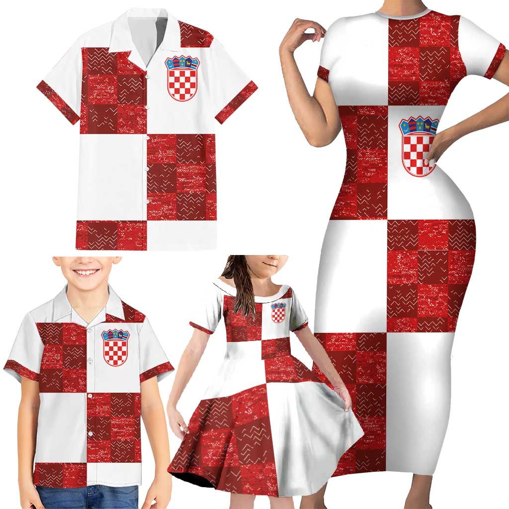 Custom Croatia Football Family Matching Short Sleeve Bodycon Dress and Hawaiian Shirt Checkered Ones Sport Grunge Style