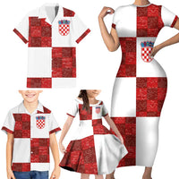 Custom Croatia Football Family Matching Short Sleeve Bodycon Dress and Hawaiian Shirt Checkered Ones Sport Grunge Style