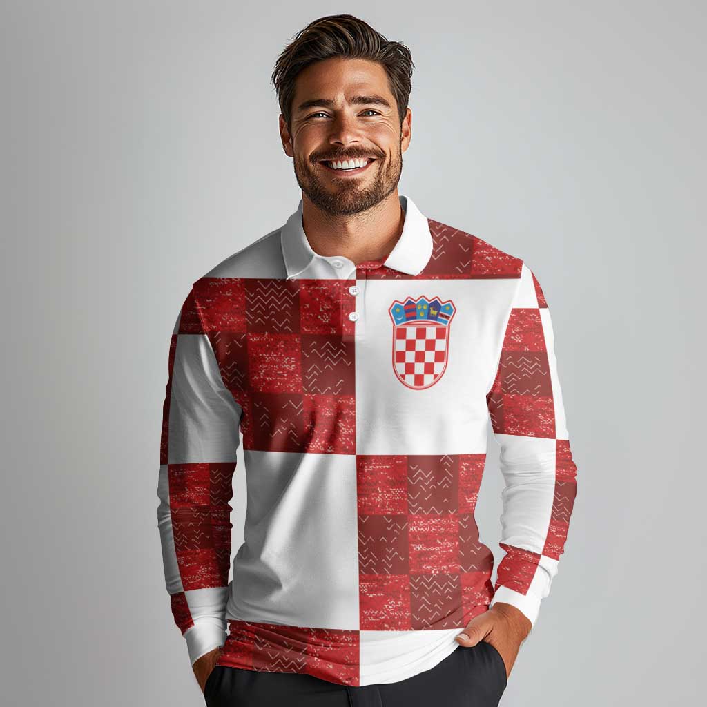 Custom Croatia Football Long Sleeve Polo Shirt Checkered Ones Sport Grunge Style