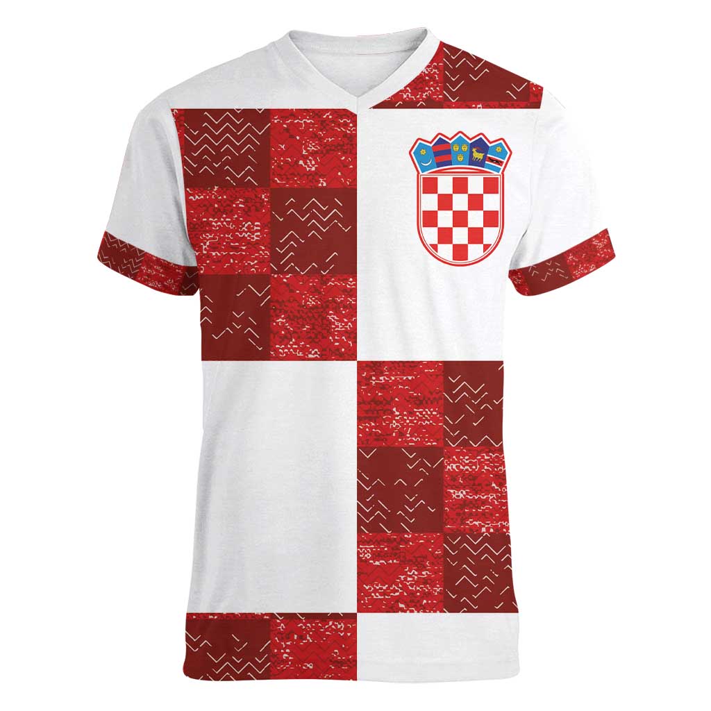 Custom Croatia Football Women V-Neck T-Shirt Checkered Ones Sport Grunge Style
