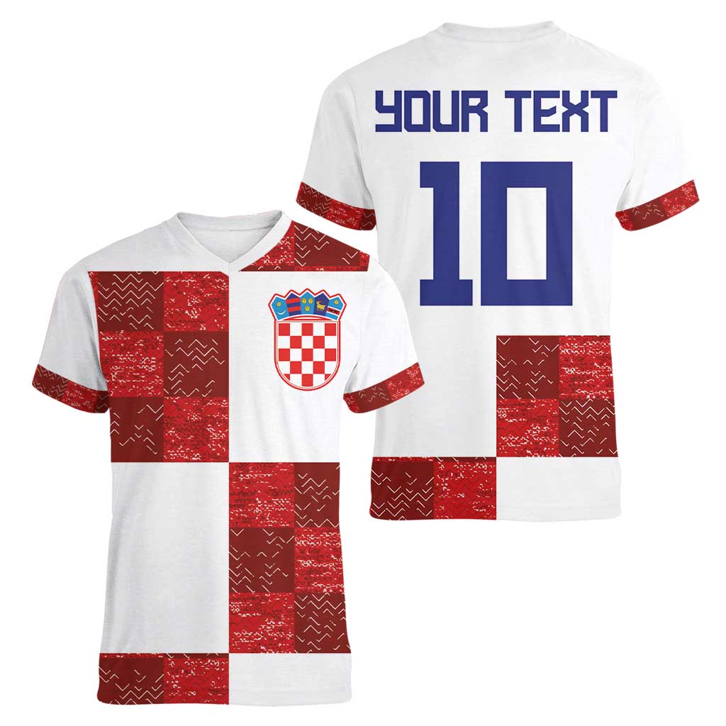 Custom Croatia Football Women V-Neck T-Shirt Checkered Ones Sport Grunge Style