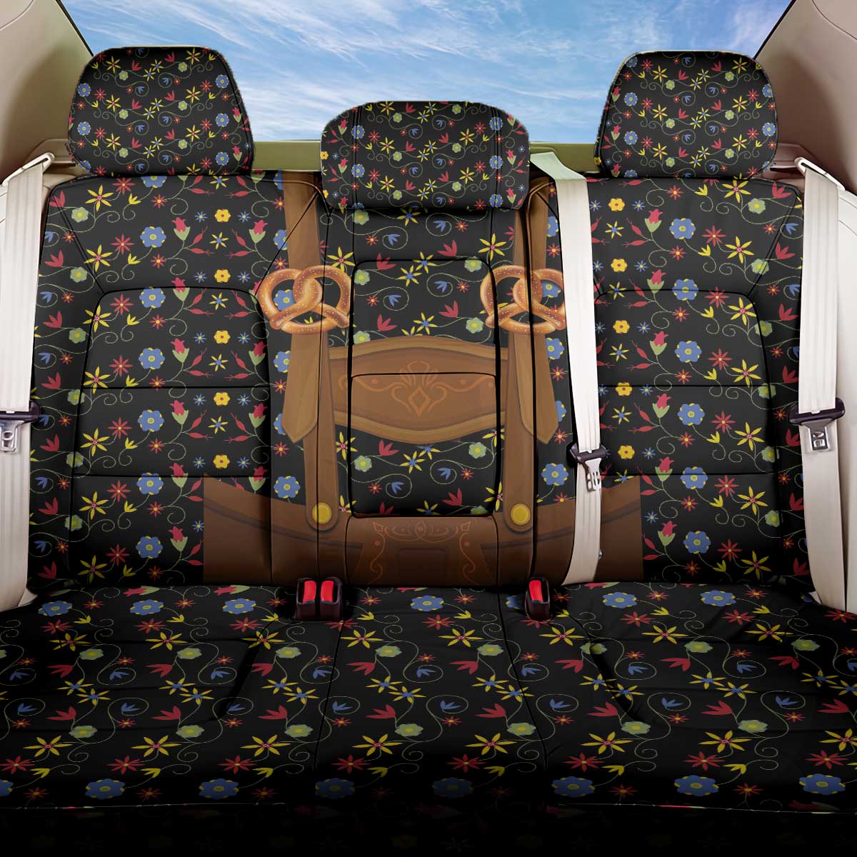 Traditional German Costume - Lederhosen and Soft Pretzel Back Car Seat Cover Folk Floral Pattern Style