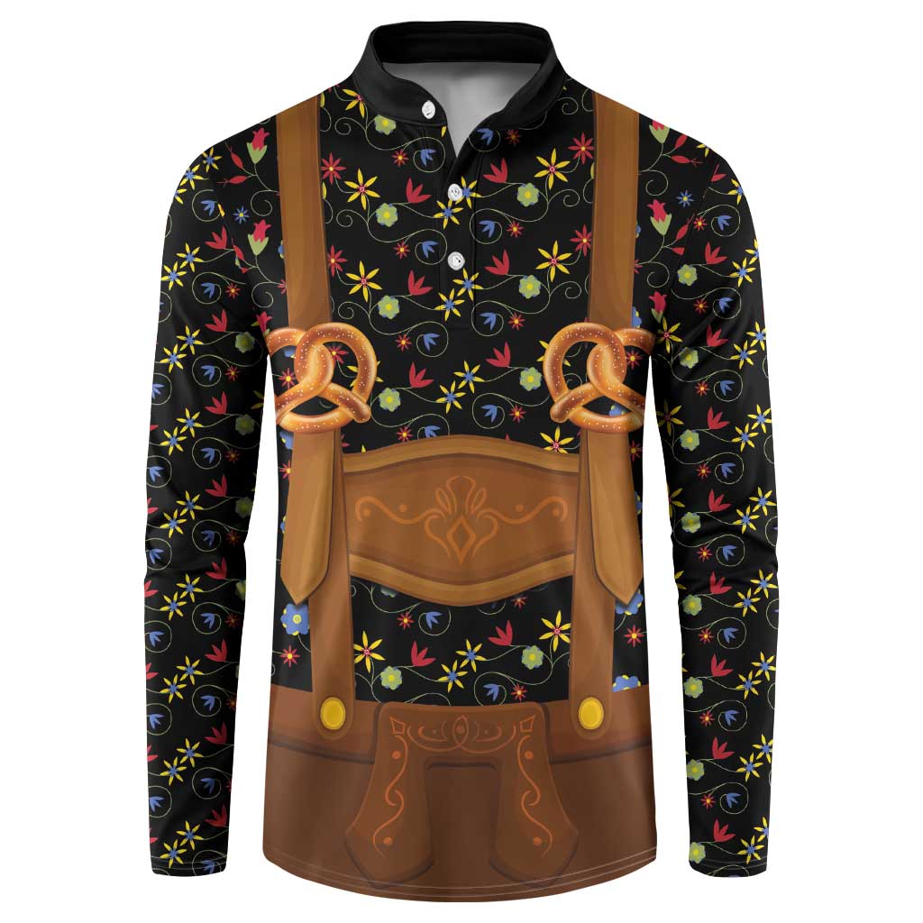 Traditional German Costume - Lederhosen and Soft Pretzel Button Sweatshirt Folk Floral Pattern Style