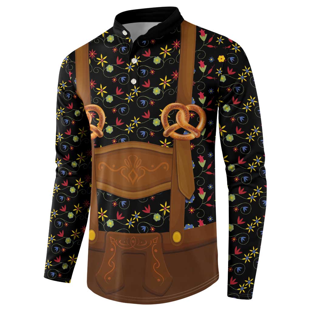 Traditional German Costume - Lederhosen and Soft Pretzel Button Sweatshirt Folk Floral Pattern Style