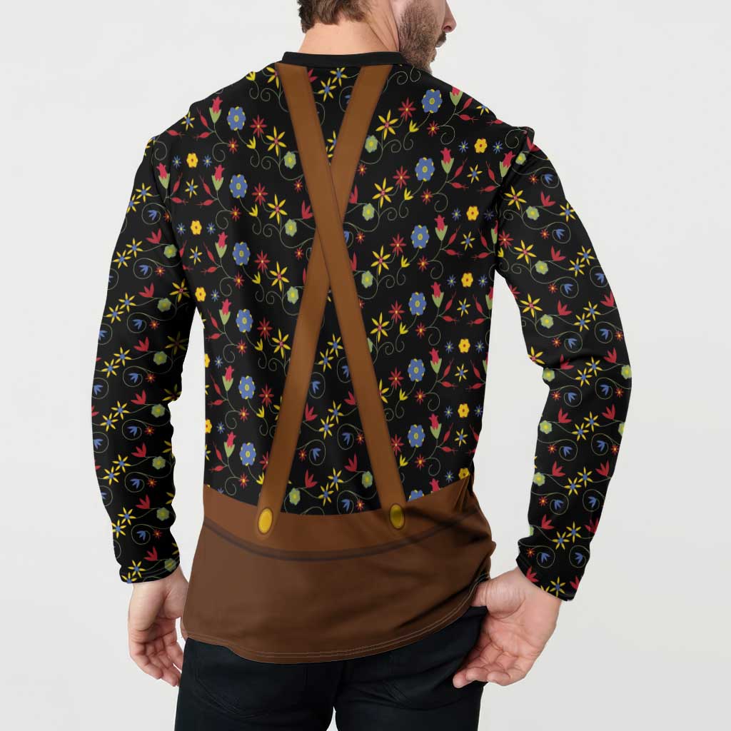 Traditional German Costume - Lederhosen and Soft Pretzel Button Sweatshirt Folk Floral Pattern Style