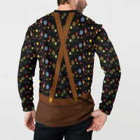 Traditional German Costume - Lederhosen and Soft Pretzel Button Sweatshirt Folk Floral Pattern Style