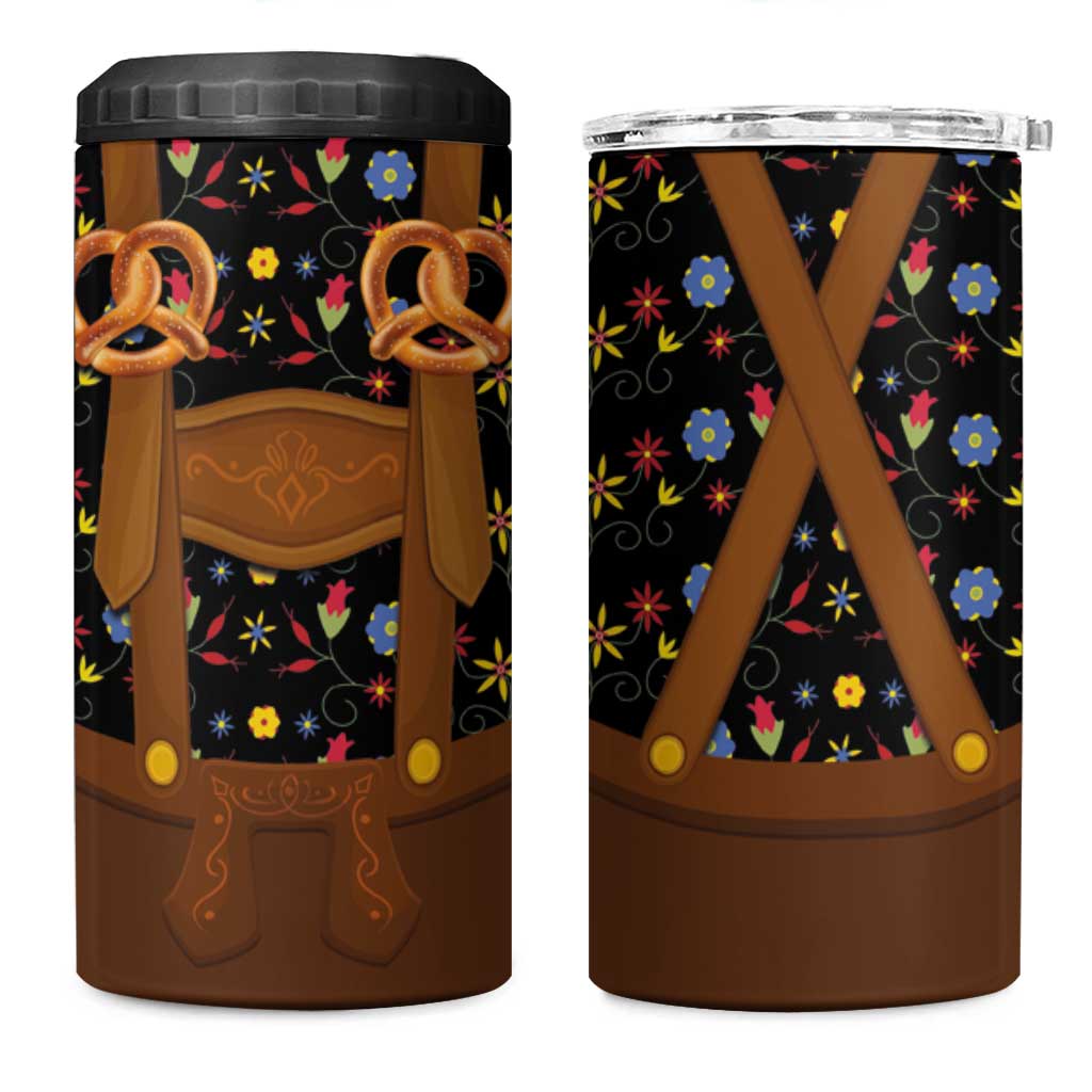 Traditional German Costume - Lederhosen and Soft Pretzel 4 in 1 Can Cooler Tumbler Folk Floral Pattern Style