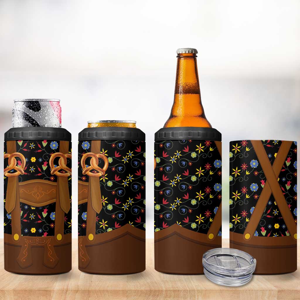 Traditional German Costume - Lederhosen and Soft Pretzel 4 in 1 Can Cooler Tumbler Folk Floral Pattern Style