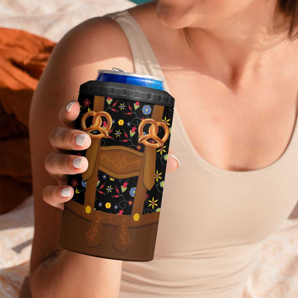 Traditional German Costume - Lederhosen and Soft Pretzel 4 in 1 Can Cooler Tumbler Folk Floral Pattern Style